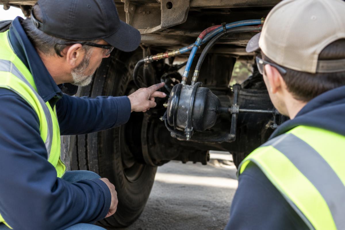 Instructor pointing out an air brake chamber and air lines beneath a commercial truck to a student