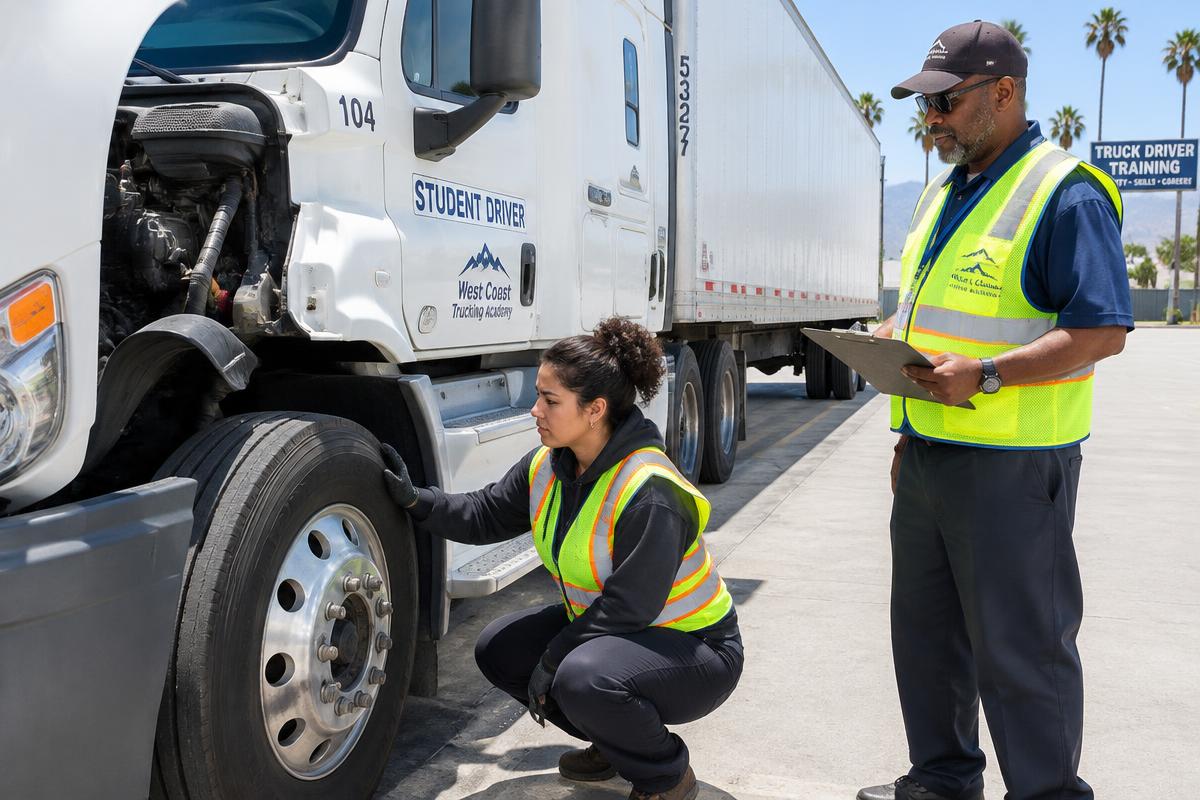 CDL student performing a pre-trip inspection on a Class A tractor-trailer with an instructor
