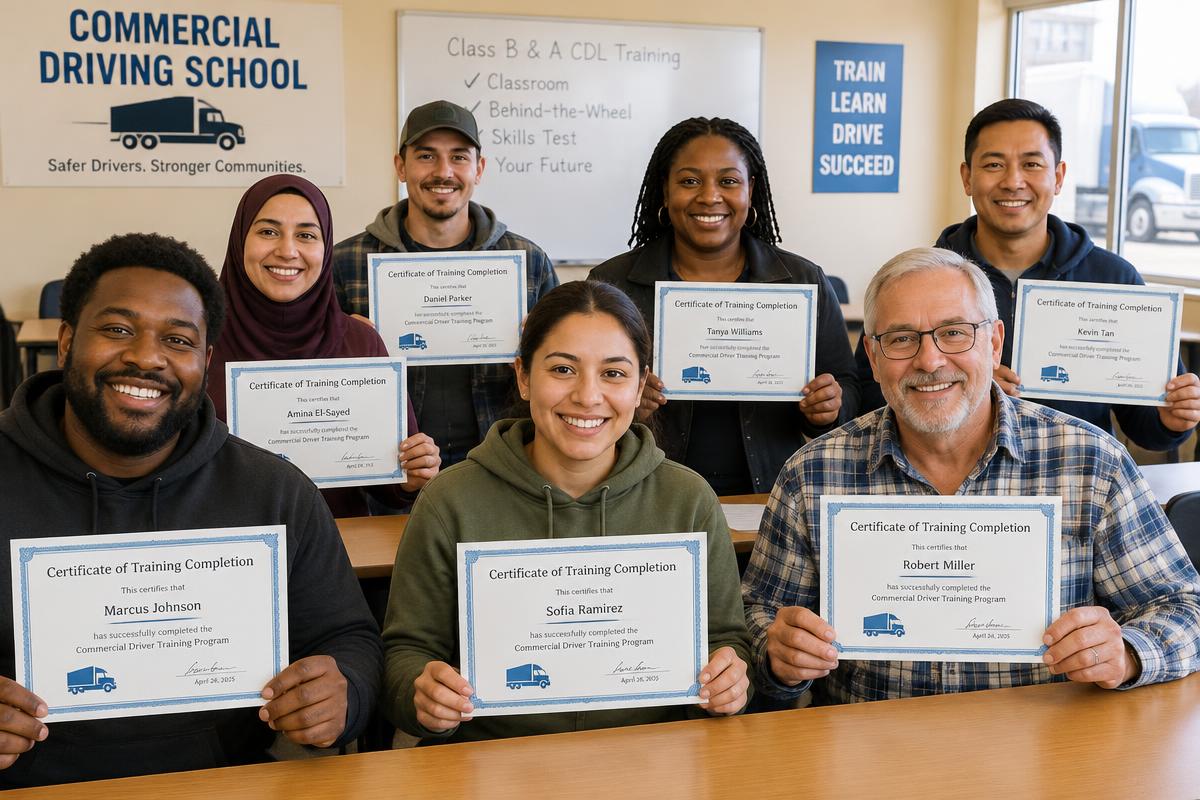 Diverse group of adult students holding commercial driver training completion certificates