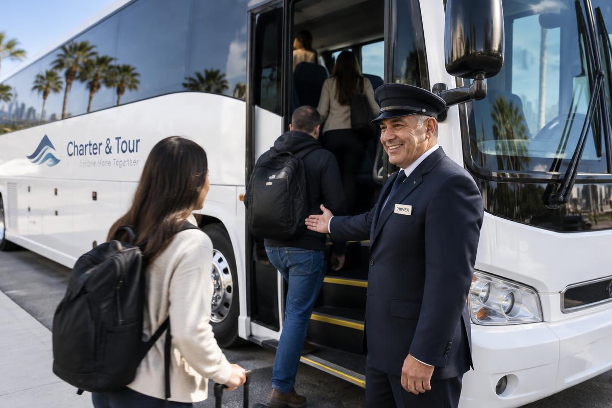 Professional motorcoach driver welcoming passengers boarding a charter bus