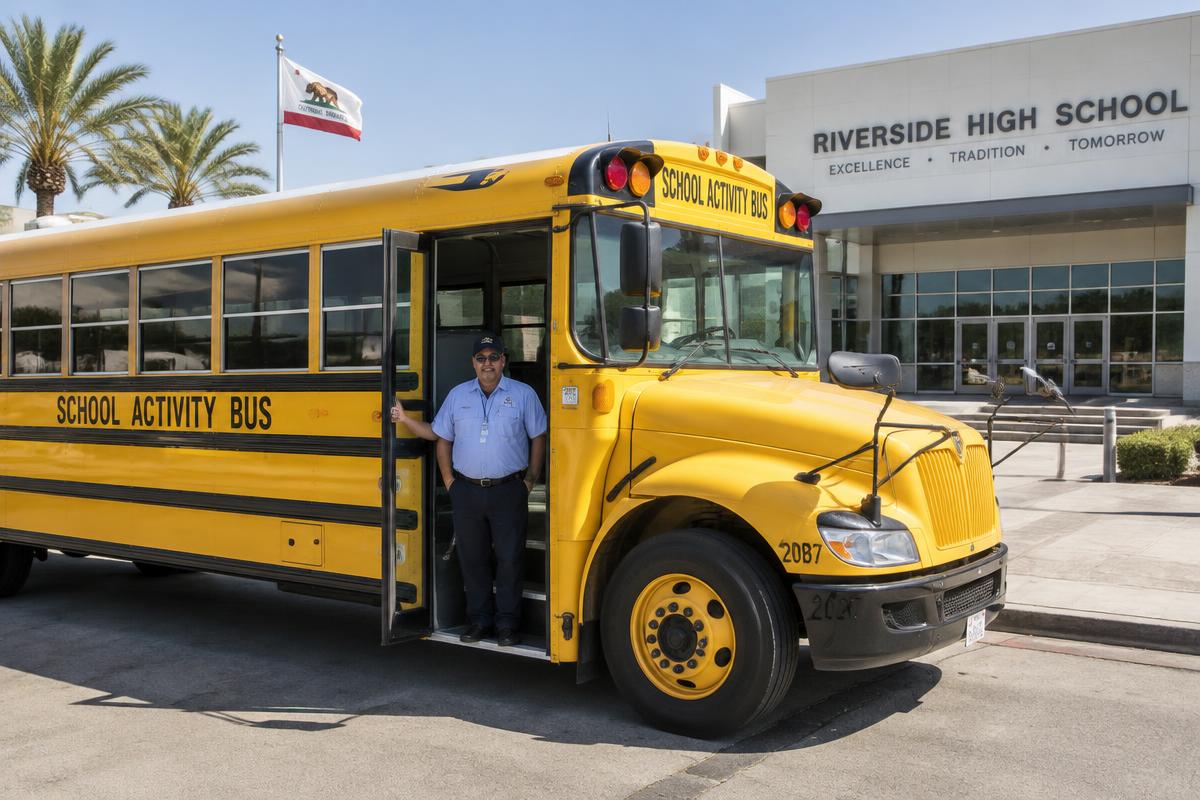 School activity bus driver standing at the door of a yellow school activity bus outside a California high school